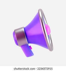 3d purple megaphone icon isolated on gray background. Render of loudspeaker for announce attention, promotion, hiring, sale and marketing concept. Render 3d cartoon simple vector illustration