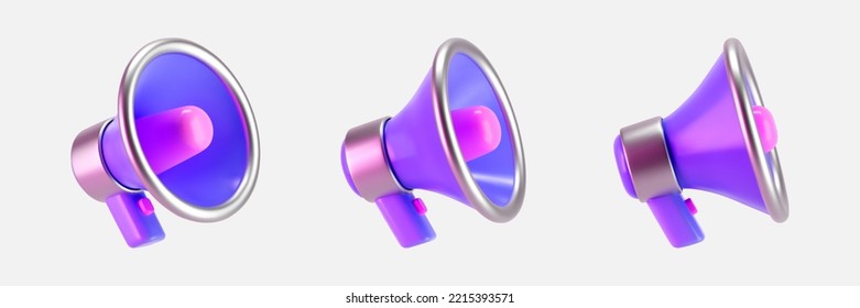 3d purple megaphone icons set isolated on gray background. Render of loudspeaker for announce attention, promotion, hiring, sale and marketing concept. Render 3d cartoon simple vector illustration