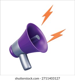 A 3D purple megaphone with orange lightning bolt symbols emanating from it on a white background. Scalable vector format suitable for print and dig...
