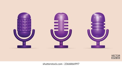 3D purple microphone on stand icon set. Podcast icon vector. Voice vector icon, Record. audio equipment, Broadcasts, and interviews. 3d vector illustration.