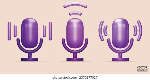 3D-violettes Mikrofon auf Standsymbol-Set. Podcast Ikone Vektorgrafik. Sprachvektorsymbol, Aufnahme. Audio-Geräte, Broadcasts und Interviews. 3D-Vektorgrafik.