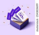 3d purple minimal coupons inside a opened luxury gift box, isolated on white background. Purple gift voucher with coupon code for exclusive discount event. 3d premium gift voucher vector