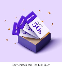 3D lila minimale Coupons in einer geöffneten Luxus-Geschenkbox, einzeln auf weißem Hintergrund. Violetter Geschenkgutschein mit Gutscheincode für exklusives Rabattereignis. 3d Premium Geschenkgutschein Vektor