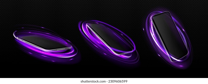 Anillo de neón morado 3d y fondo de teléfono móvil. Pantalla de productos de tecnología futurista con podio láser de imitación. Hermosa maqueta vectorial de ciberespacio para exposición de dispositivos móviles conjunto aislado