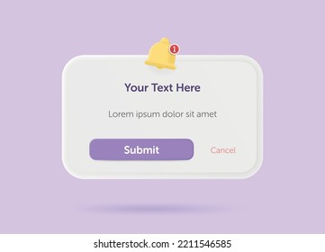 3D Purple Notification Reminder Window Illustration in Floating Neumorphic Vector Style