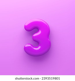 3D Purple number 3 with a glossy surface on a purple background .