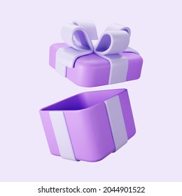 3d Purple Open Gift Box With Pastel Ribbon Bow Isolated On A Light Background. 3d Render Flying Modern Holiday Open Surprise Box. Realistic Vector Icon For Present, Birthday Or Wedding Banners