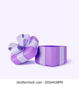 3d purple open gift box standing on the floor with pastel ribbon bow isolated on a light background. 3d render modern holiday surprise box. Realistic vector icon