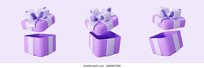 3d purple open gift box set with pastel ribbon bow isolated on a light background. 3d render flying modern holiday open surprise box. Realistic vector icon for present, birthday or wedding banners