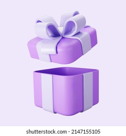 3d purple open gift box with pastel ribbon bow isolated on a light background. 3d render flying modern holiday open surprise box. Realistic vector icon for present, birthday or wedding banners