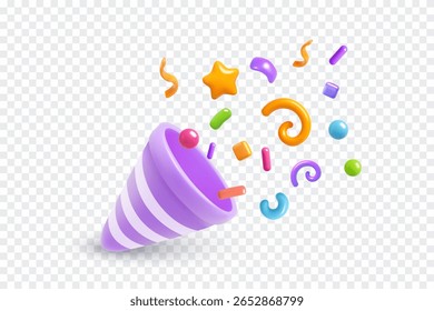 3D roxo partido popper com formas de confetes festivos voadores
