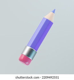 3d purple pencil icon with pink eraser isolated on gray background. Render pencil for education, writing or drawing concept. 3d cartoon simple vector illustration