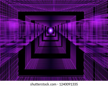 3d purple perspective background for concept design. Vector abstract backdrop with perspective. Lines and geometric shapes like portal, corridor or futuristic room interior. For web design, posters.