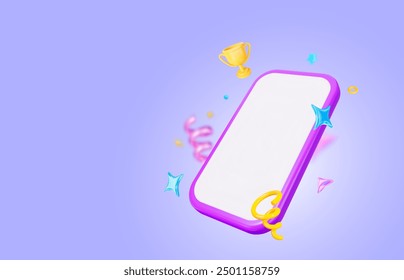 Teléfono púrpura 3D con confeti sobre fondo aislado lila. Concepto ganador. Ilustración vectorial de stock.