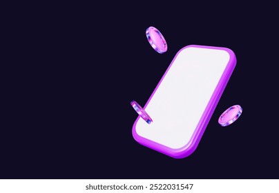 3D lila Telefon mit fliegenden Neonmünzen auf blauem, isoliertem Hintergrund. Gewinner-Konzept. Stockvektorgrafik.