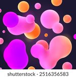 3d purple and pink liquid blobs set. Abstract colored spheres in flight. Vector realistic render of bubbles on an isolated white background. Illustration of lava lamp elements in y2k style.