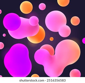 3D púrpura y rosa líquido blobs set. Abstractas esferas de colores en vuelo. Vector realista de burbujas sobre un fondo blanco aislado. Ilustración de Elementos de lámpara de lava en estilo y2k.