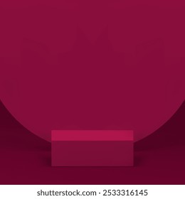 3d purple pink squared podium with round wall background for product show realistic vector illustration. Trendy showcase minimalist pedestal with abstract circle shape mockup for presentation