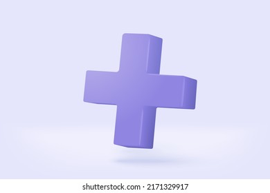 3d purple plus sign icon on the purple background. Cartoon 3d icon of first aid and health care for hospital emergency. Medical symbol of emergency help. 3d aid health plus vector render illustration