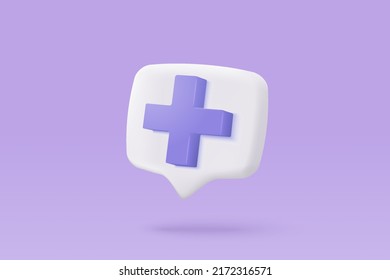 3d purple plus sign icon on the white background. Cartoon icon of first aid and health care add minimal style. Medical drugs plus 3d symbol of emergency help. 3d aid vector render illustration