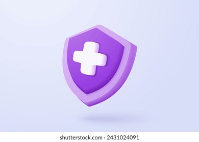 3d purple plus sign icon on the white background. Cartoon icon of first aid and health care with minimal style. Medical symbol of emergency help. 3d aid vector render illustration