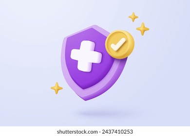 3d purple plus sign icon on the white background. Cartoon icon of first aid and health care with minimal style. Medical symbol of emergency help. 3d aid vector render illustration