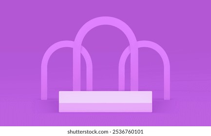 3d pódio roxo com fundo de parede de arco para apresentação do produto ilustração vetor realista. Mostrador de exibição de formas geométricas de retângulo de luz violeta na moda para publicidade de show