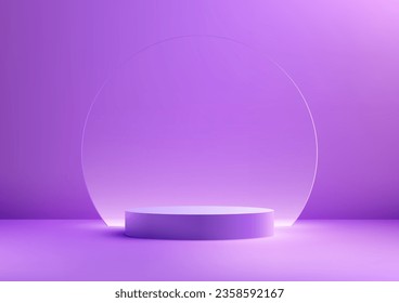 El 3D de un podio morado con un fondo de vidrio transparente de círculo es perfecto para la exposición de productos. El podio es moderno y de diseño, con un fondo que destaca el producto. Ilustración del vector