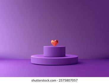 3D purple podium featuring a shiny red heart on the top tier. Perfect for Valentine’s Day mockups, romantic product displays, and creating elegant design visuals with striking contrasts