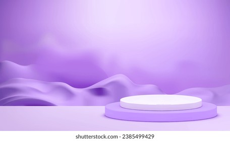 3d purple podium with sand dune smoke wall background for product presentation realistic vector illustration. Violet cylinder pedestal with abstract desert backdrop advertising showcase for sale promo