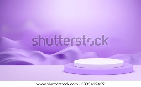 3d purple podium with sand dune smoke wall background for product presentation realistic vector illustration. Violet cylinder pedestal with abstract desert backdrop advertising showcase for sale promo