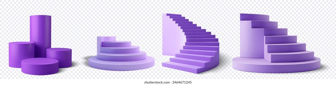 3D Purple Podium and Staircase Set on Transparent Background - Modern Geometric Display Platforms for Product Presentation and Showcases. Elegant futuristic design scene with a stand at top for award.