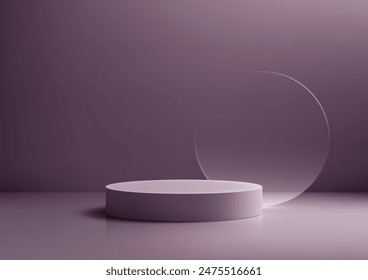 3D purple podium stand with circle glass backdrop on purple background is perfect for modern interior concept product display mockups