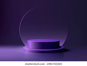 3D purple podium stand with circle glass backdrop on purple background is perfect for modern interior concept product display mockups