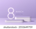 3D purple round podium background with number 8 neon light. Women