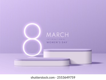 3D purple round podium background with number 8 neon light. Women's day scene. Minimalist mockup pedestal. Abstract stand product display presentation, Stage for showcase. Vector platforms design.