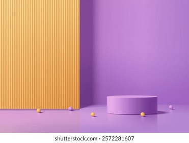 3D purple round podium background with yellow partition backdrop. Abstract geometric composition in minimalist design. 3D Studio display showroom product pedestal, Fashion stage showcase mockup scene.