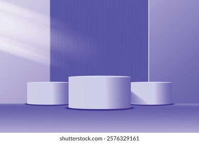 3D purple round podium background. Minimalist pedestal mockup. Abstract stand product display presentation, Stage for showcase. Vector platform design.
