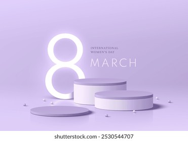 3D purple round podium set background in 8 march women day concept. Abstract geometric composition in minimalist design. Studio display showroom product pedestal, Fashion stage showcase mockup scene.