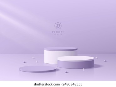 3D purple round product podium set background with white ball beads. Abstract geometric composition in minimalist design. Studio display showroom product pedestal, Fashion stage showcase mockup scene.