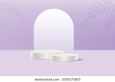 3D purple round product podium set background with white ball beads. Abstract geometric composition in minimalist design. Studio display showroom product pedestal, Fashion stage showcase mockup scene.