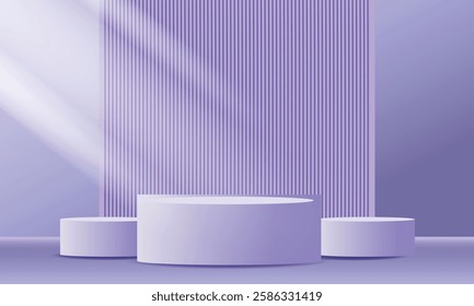 3D purple round product podium set background. Abstract geometric composition in minimalist design. Studio display showroom product pedestal, Fashion stage showcase mockup scene