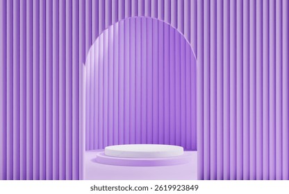 3d Purple scene background with white podium and arch gate for product presentation. Abstract minimal mockup with cylinder platform and door.