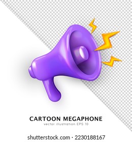 3D purple shouting megaphone isolated on white and transparent background. Three dimensional vector loud loudspeaker for announcement. Realistic portable bullhorn, loudhailer for advertisement