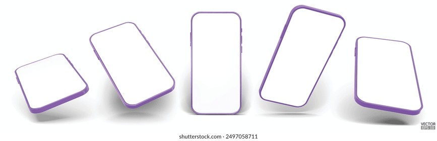 3D purple smartphone mockup with white screen. Purple mobile phone isolated on white background. 3d vector illustration.