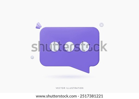 3D Purple speech bubble message. Online communication concept. Social media chatting box. Dialogue cloud with dots. Cartoon design icon isolated on white background. 3D Vector illustration