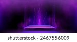 3d purple square neon light podium glow for game. Led effect hologram and product display platform in dark scene. Cyber laser room and pedestal for casino winner presentation. Realistic shine arena