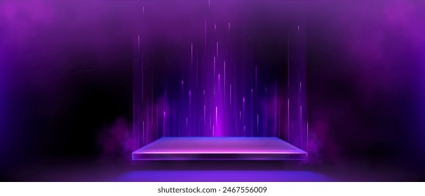 3d purple square neon light podium glow for game. Led effect hologram and product display platform in dark scene. Cyber laser room and pedestal for casino winner presentation. Realistic shine arena