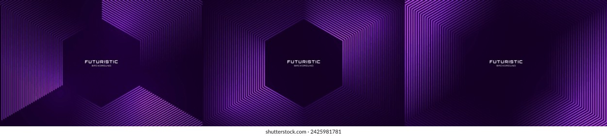 3D purple techno abstract background overlap layer on dark space. Modern banners set with glowing hexagons decoration. Graphic design element lines style concept for web, flyer, card cover or brochure