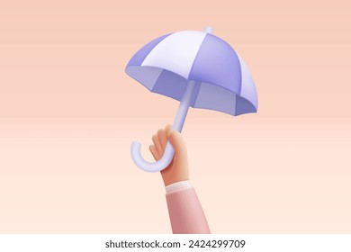 Icono de paraguas morado 3d con mango curvo en mano sobre fondo pastel. La temporada de lluvias o la protección de seguros es un concepto mínimo. 3.ᵉʳ vector de icono de paraguas con ilustración de representación de sombra